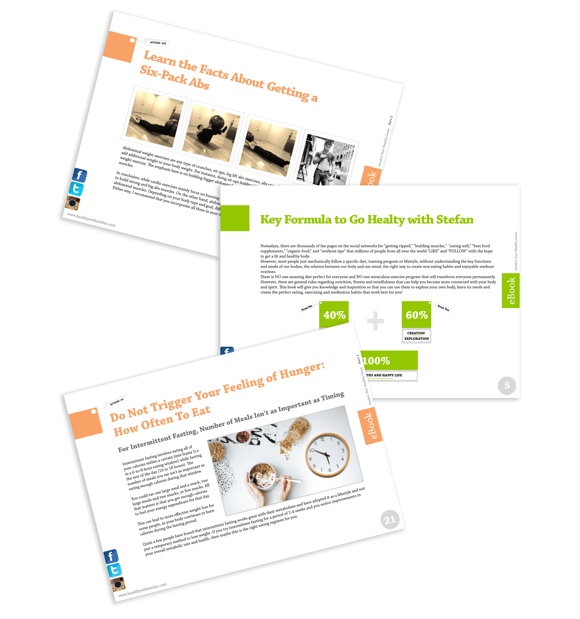 Three open pages from a "healthywithstefan.com" ebook are displayed, covering topics like achieving six-pack abs, a formula for healthy living, and intermittent fasting.
