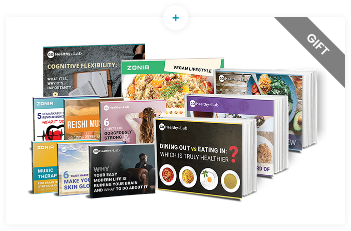A fanned-out stack of health and wellness ebook covers, featuring titles such as 'Cognitive Flexibility,' 'Vegan Lifestyle,' and 'Dining Out vs Eating In.' The covers display 'GO Healthy-Lab' and 'ZONIA' logos, and a gray ribbon in the top right corner reads 'GIFT.'